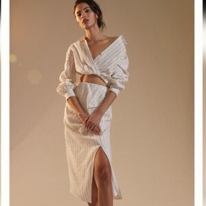 Anthropologie Flat White Stripe Linen Skirt Set